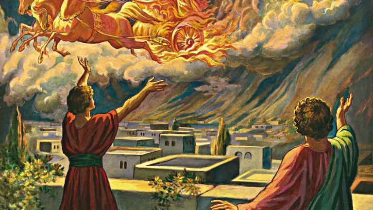 Eliseu orou para que Deus abrisse os olhos do jovem para que enxergasse aquela realidade. E assim Deus fez. E o que o jovem viu? "E eis que o monte estava cheio de cavalos e carros de fogo em redor de Eliseu" (2 Reis 6:11-17). Ilustração artística do exército celestial de anjos de 2 Reis 6:11-17.